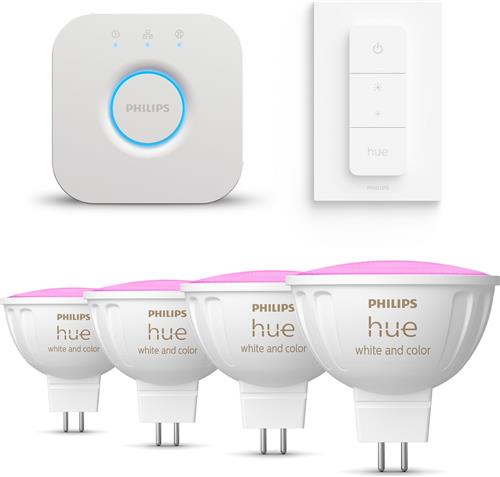Philips Hue Starterspakket - GU5.3 - met 4 Spotjes (MR16) - 12V - Wit en Gekleurd Licht - Incl. 1 Hue Bridge - Hue White and Color Ambiance