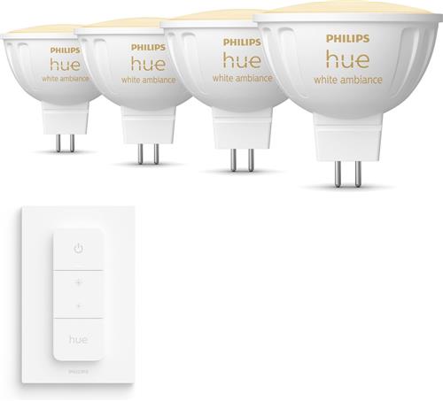 Philips Hue Uitbreidingspakket - GU5.3 - met 4 Spotjes (MR16) - 12V - Warm tot Koelwit Licht - Incl. 1 Hue Dimmer Switch - Hue White Ambiance