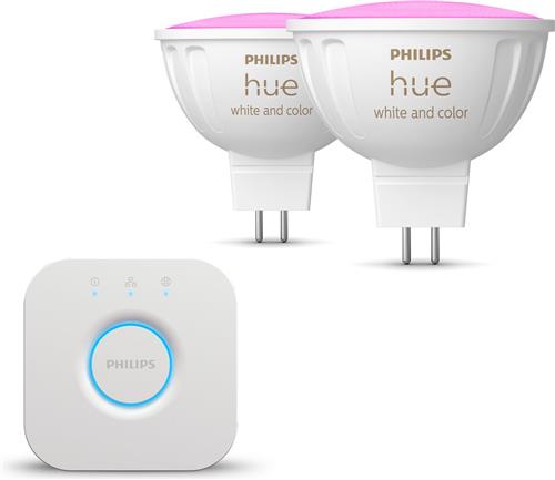 Philips Hue Starterspakket - GU5.3 - met 2 Spotjes (MR16) - 12V - Wit en Gekleurd Licht - Incl. 1 Hue Bridge - Hue White and Color Ambiance