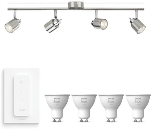 Philips Hue Meranti Opbouwspot (Mat Chroom) - Warmwit Licht - Incl. Hue Dimmer Switch - Plafondspot met 4 Lichtpunten - GU10 - Hue White