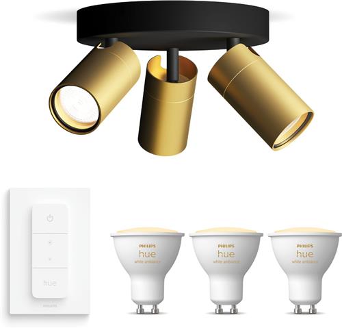 Philips Hue Idris Opbouwspot voor Badkamer (Zwart/Goud) - Badkamerlamp - Warm tot Koelwit Licht - Incl. Hue Dimmer Switch - Plafondspot met 3 Lichtpunten - GU10 - Hue White Ambiance