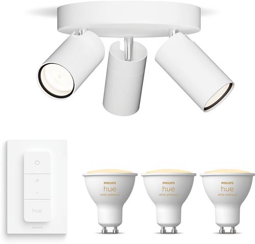 Philips Hue Idris Opbouwspot voor Badkamer (Wit) - Badkamerlamp - Warm tot Koelwit Licht - Incl. Hue Dimmer Switch - Plafondspot met 3 Lichtpunten - GU10 - Hue White Ambiance