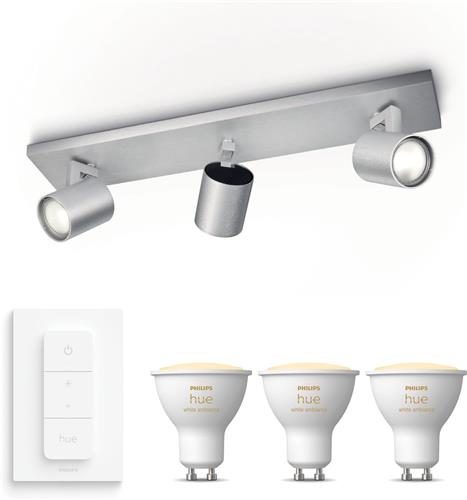 Philips Hue Runner Opbouwspot (Aluminium) - Warm tot Koelwit Licht - Incl. Hue Dimmer Switch - Plafondspot met 3 Lichtpunten - GU10 - Hue White Ambiance