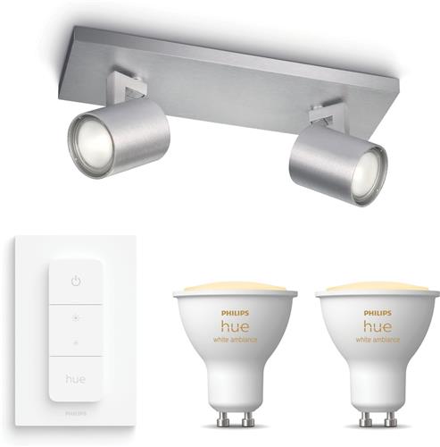 Philips Hue Runner Opbouwspot (Aluminium) - Warm tot Koelwit Licht - Incl. Hue Dimmer Switch - Plafondspot met 2 Lichtpunten - GU10 - Hue White Ambiance