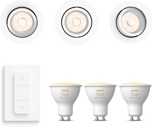Philips Hue Donegal Set van 3 Inbouwspots (Wit) - Rond - GU10 - Warm tot Koelwit Licht - Incl. Hue Dimmer Switch - Hue White Ambiance