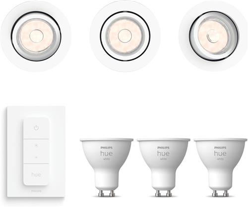 Philips Hue Donegal Set van 3 Inbouwspots (Wit) - Rond - GU10 - Warmwit Licht - Incl. Hue Dimmer Switch - Hue White