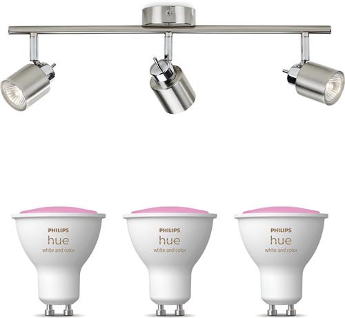 Philips Hue Meranti Opbouwspot (Mat Chroom) - Wit en Gekleurd Licht - Plafondspot met 3 Lichtpunten - GU10 - Hue White and Color Ambiance