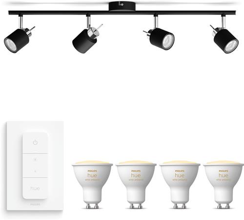 Philips Hue Meranti Opbouwspot (Zwart) - Warm tot Koelwit Licht - Incl. Hue Dimmer Switch - Plafondspot met 4 Lichtpunten - GU10 - Hue White Ambiance