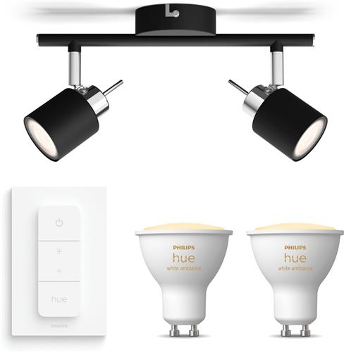 Philips Hue Meranti Opbouwspot (Zwart) - Warm tot Koelwit Licht - Incl. Hue Dimmer Switch - Plafondspot met 2 Lichtpunten - GU10 - Hue White Ambiance
