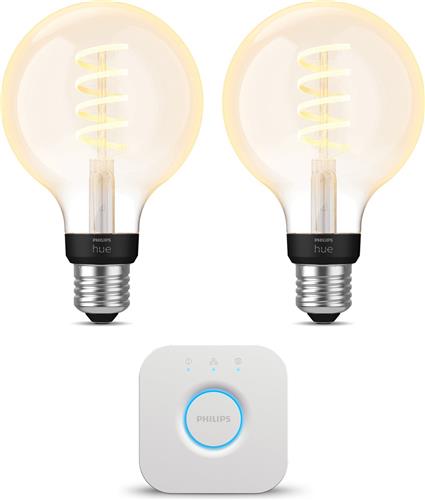Philips Hue Starterspakket - E27 - met 2 Filament Globelampen Klein (G93) - Warm tot Koelwit Licht - Incl. 1 Hue Bridge - Hue White Ambiance Filament