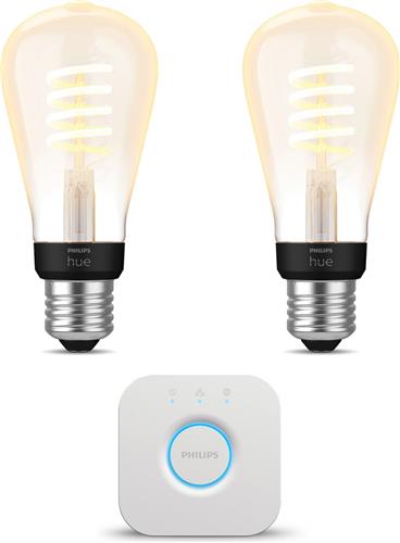Philips Hue Starterspakket - E27 - met 2 Filament Edisonlampen Klein (ST64) - Warm tot Koelwit Licht - Incl. 1 Hue Bridge - Hue White Ambiance Filament