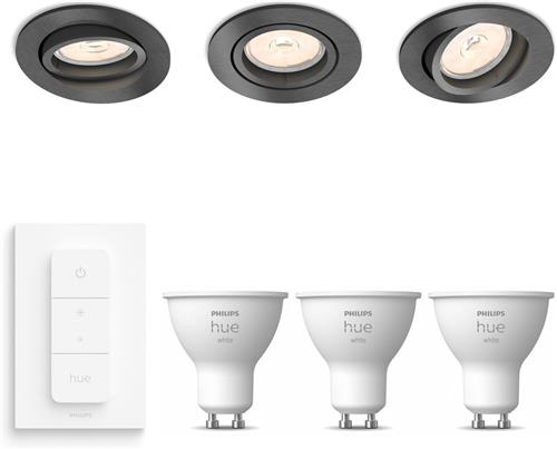 Philips Hue Donegal Set van 3 Inbouwspots (Antraciet) - Rond - GU10 - Warmwit Licht - Incl. Hue Dimmer Switch - Hue White