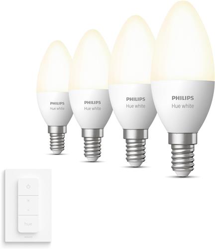 Philips Hue Uitbreidingspakket - E14 - met 4 Kaarslampen - Warmwit Licht - Incl. 1 Hue Dimmer Switch - Hue White