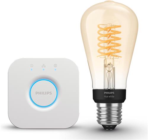 Philips Hue Starterspakket - E27 - met 1 Filament Edisonlamp Groot (ST72) - Warmwit Licht - Incl. 1 Hue Bridge - Hue White Filament