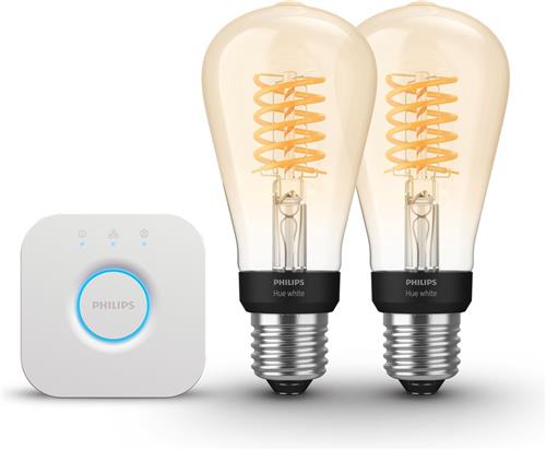 Philips Hue Starterspakket - E27 - met 2 Filament Edisonlampen Klein (ST64) - Warmwit Licht - Incl. 1 Hue Bridge - Hue White Filament