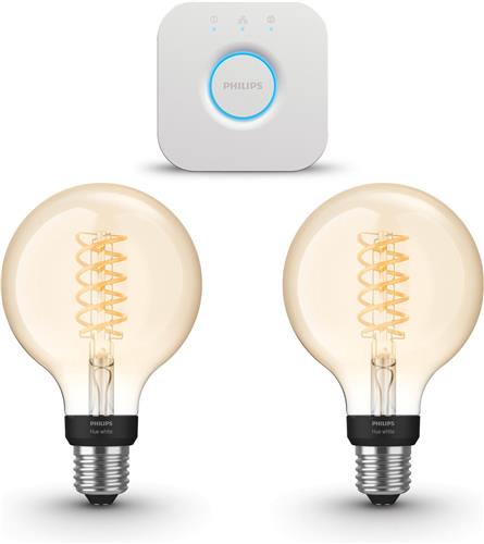 Philips Hue Starterspakket - E27 - met 2 Filament Globelampen Klein (G93) - Warmwit Licht - Incl. 1 Hue Bridge - Hue White Filament