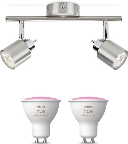 Philips Hue Meranti Opbouwspot (Mat Chroom) - Wit en Gekleurd Licht - Plafondspot met 2 Lichtpunten - GU10 - Hue White and Color Ambiance