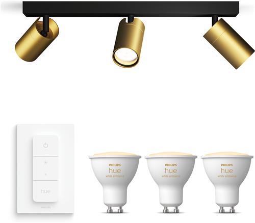 Philips Hue Idris Opbouwspot voor Badkamer (Zwart/Goud) - Badkamerlamp - Warm tot Koelwit Licht - Incl. Hue Dimmer Switch - Plafondspot met 3 Lichtpunten - GU10 - Hue White Ambiance