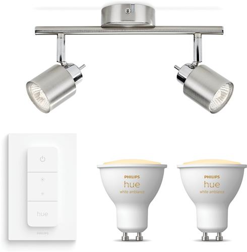 Philips Hue Meranti Opbouwspot (Mat Chroom) - Warm tot Koelwit Licht - Incl. Hue Dimmer Switch - Plafondspot met 2 Lichtpunten - GU10 - Hue White Ambiance