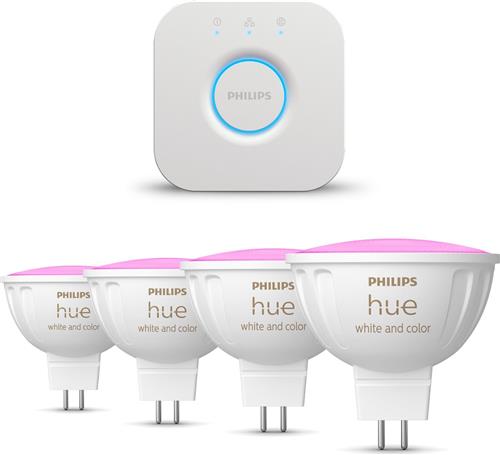 Philips Hue Starterspakket - GU5.3 - met 4 Spotjes (MR16) - 12V - Wit en Gekleurd Licht - Incl. 1 Hue Bridge - Hue White and Color Ambiance