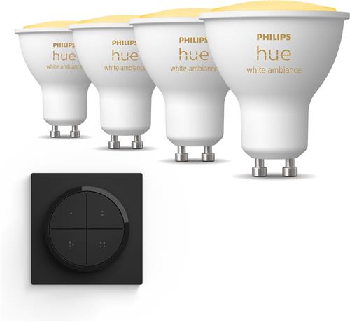 Philips Hue Uitbreidingspakket - GU10 - met 4 Spotjes - Warm tot Koelwit Licht - Incl. 1 Hue Dial Switch (Zwart) - Hue White Ambiance