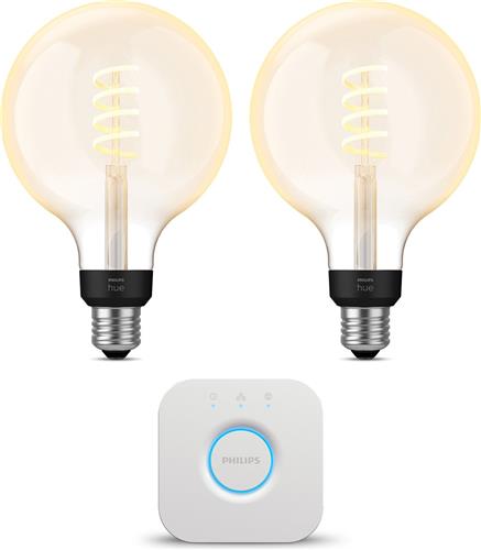 Philips Hue Starterspakket - E27 - met 2 Filament Globelampen Groot (G125) - Warm tot Koelwit Licht - Incl. 1 Hue Bridge - Hue White Ambiance Filament