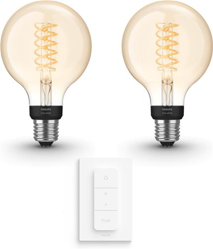 Philips Hue Uitbreidingspakket - E27 - met 2 Filament Globelampen Klein (G93) - Warmwit Licht - Incl. 1 Hue Dimmer Switch - Hue White Filament