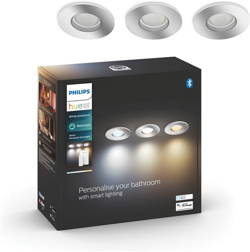 Philips Hue Adore badkamerinbouwspot - warm tot koelwit licht  3-pack - 1 dimmer switch - chroom