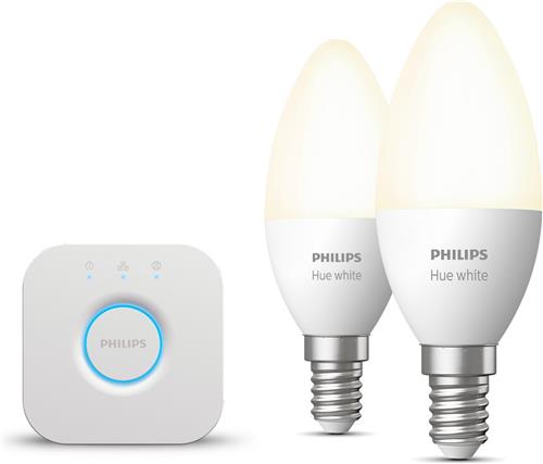 Philips Hue Starterspakket - E14 - met 2 Kaarslampen - Warmwit Licht - Incl. 1 Hue Bridge - Hue White