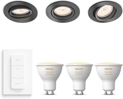 Philips Hue Donegal Set van 3 Inbouwspots (Antraciet) - Rond - GU10 - Warm tot Koelwit Licht - Incl. Hue Dimmer Switch - Hue White Ambiance