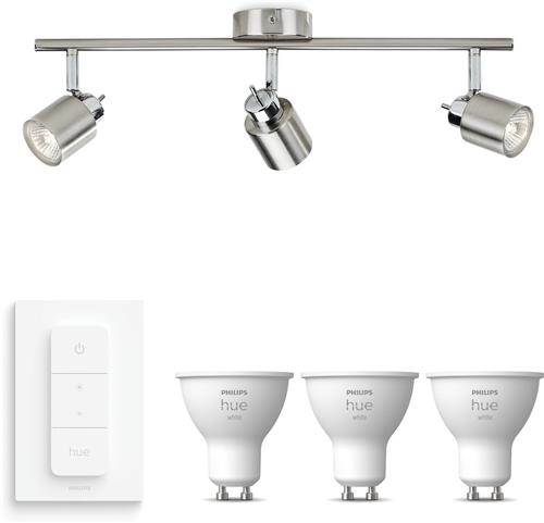 Philips Hue Meranti Opbouwspot (Mat Chroom) - Warmwit Licht - Incl. Hue Dimmer Switch - Plafondspot met 3 Lichtpunten - GU10 - Hue White