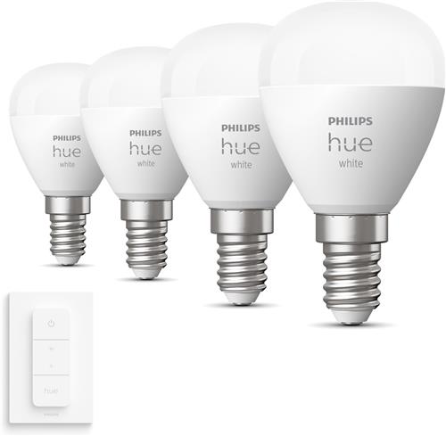 Philips Hue Uitbreidingspakket - E14 - met 4 Kogellampen - Warmwit Licht - Incl. 1 Hue Dimmer Switch - Hue White