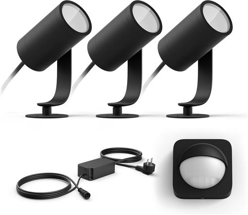 Philips Hue Lily Basisset van 3 Tuinspots (Antraciet) - Wit en Gekleurd Licht - Incl. 1 Voedingskabel, 1 Bewegingssensor voor Buiten - Tuinverlichting - Hue White and Color Ambiance