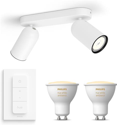 Philips Hue Pongee Opbouwspot (Wit) - Warm tot Koelwit Licht - Incl. Hue Dimmer Switch - Plafondspot met 2 Lichtpunten - GU10 - Hue White Ambiance