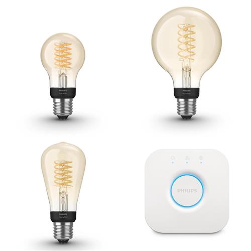 Philips Hue Starterspakket - E27 - met 3 Filament Lampen Mix - Warmwit Licht - Incl. 1 Hue Bridge - Hue White Filament