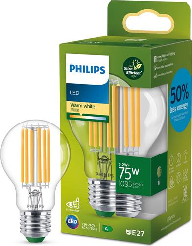 Philips Ultra Efficient LED lamp Transparant - 75 W - E27 - Warmwit licht