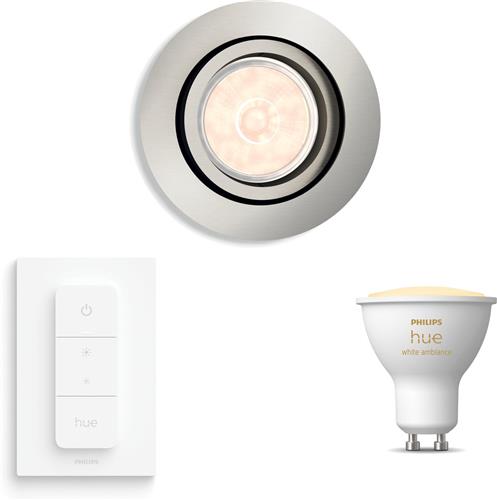 Philips Hue Donegal Inbouwspot (Mat Chroom) - Rond - GU10 - Warm tot Koelwit Licht - Incl. Hue Dimmer Switch - Hue White Ambiance