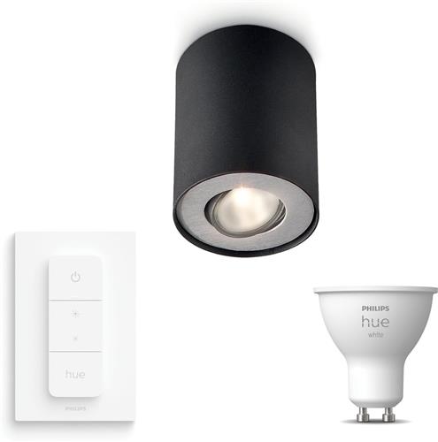 Philips Hue Pillar Opbouwspot (Zwart) - Warmwit Licht - Incl. Hue Dimmer Switch - Plafondspot met 1 Lichtpunt - GU10 - Hue White