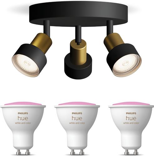 Philips Hue Conduit Opbouwspot (Zwart/Goud) - Wit en Gekleurd Licht - Plafondspot met 3 Lichtpunten - GU10 - Hue White and Color Ambiance