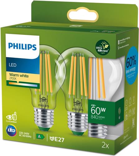 Philips Ultra Efficient LED lamp Transparant - 60 W - E27 - Warmwit licht - 2-pack