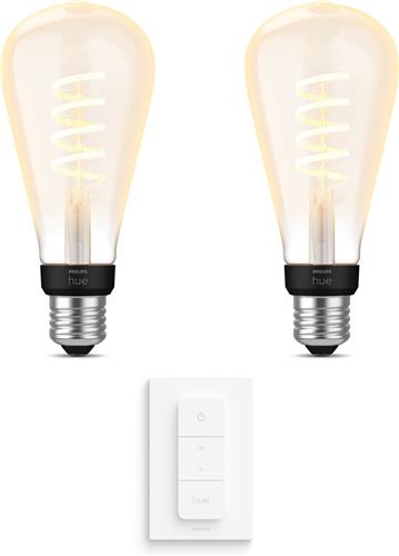 Philips Hue Uitbreidingspakket - E27 - met 2 Filament Edisonlampen Groot (ST72) - Warm tot Koelwit Licht - Incl. 1 Hue Dimmer Switch - Hue White Ambiance Filament
