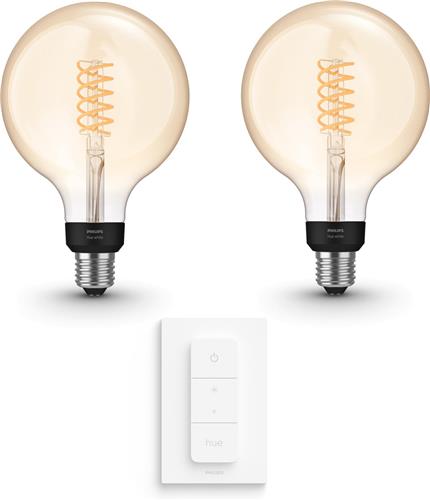 Philips Hue Uitbreidingspakket - E27 - met 2 Filament Globelampen Groot (G125) - Warmwit Licht - Incl. 1 Hue Dimmer Switch - Hue White Filament