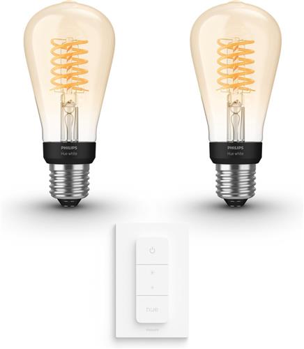 Philips Hue Uitbreidingspakket - E27 - met 2 Filament Edisonlampen Klein (ST64) - Warmwit Licht - Incl. 1 Hue Dimmer Switch - Hue White Filament