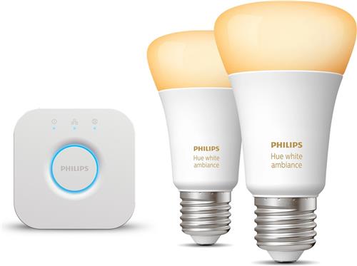 Philips Hue Starterspakket - E27 - met 2 Standaard Lampen - Warm tot Koelwit Licht - Incl. 1 Hue Bridge - Hue White Ambiance