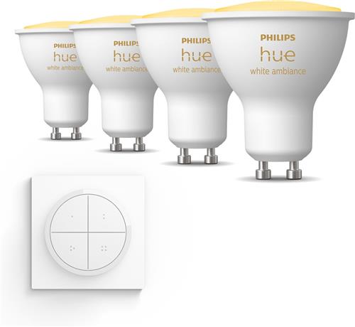 Philips Hue Uitbreidingspakket - GU10 - met 4 Spotjes - Warm tot Koelwit Licht - Incl. 1 Hue Dial Switch (Wit) - Hue White Ambiance