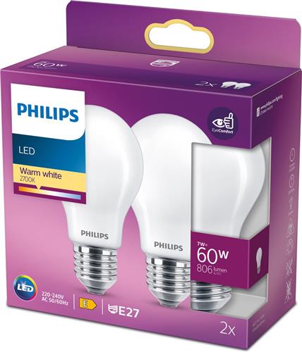Philips energiezuinige LED Lamp Mat - 60 W - E27 - warmwit licht - 2 stuks - Bespaar op energiekosten
