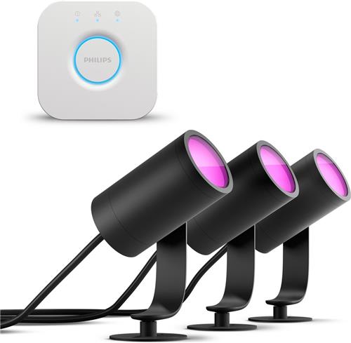 Philips Hue Lily Starterspakket van 3 Tuinspots (Antraciet) - Wit en Gekleurd Licht - Incl. 1 Voedingskabel, 1 Hue Bridge - Tuinverlichting - Hue White and Color Ambiance