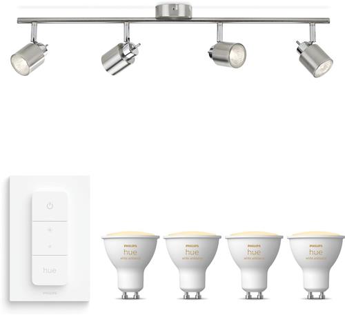 Philips Hue Meranti Opbouwspot (Mat Chroom) - Warm tot Koelwit Licht - Incl. Hue Dimmer Switch - Plafondspot met 4 Lichtpunten - GU10 - Hue White Ambiance