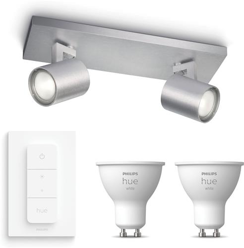 Philips Hue Runner Opbouwspot (Aluminium) - Warmwit Licht - Incl. Hue Dimmer Switch - Plafondspot met 2 Lichtpunten - GU10 - Hue White