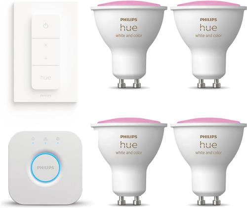 Philips Hue Starterspakket - GU10 - met 4 Spotjes - Wit en Gekleurd Licht - Incl. 1 Hue Bridge, 1 Hue Dimmer Switch - Hue White and Color Ambiance